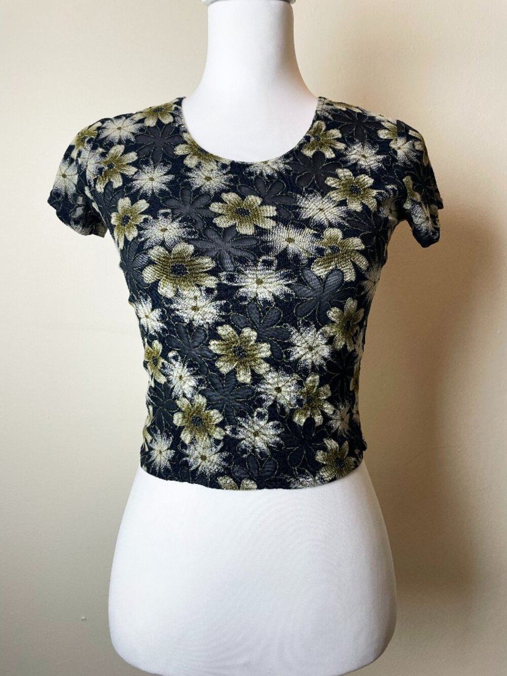 Vintage 90s Green Box Y2K Floral Devoré Mesh Crop Top, Green Gold Black, Size M